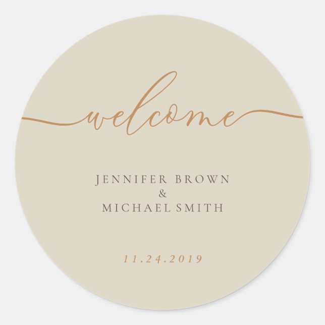 Ivory Orange Signature Calligraphy Welcome Classic Round Sticker (Front)