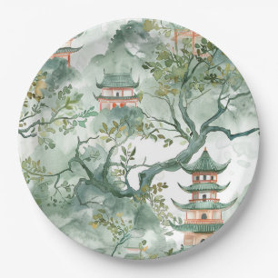 Ivory Pagoda Sage Botanical Chinoiserie Paper Plate