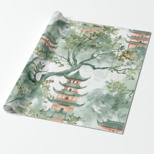 Ivory Pagoda Sage Botanical Chinoiserie Wrapping Paper