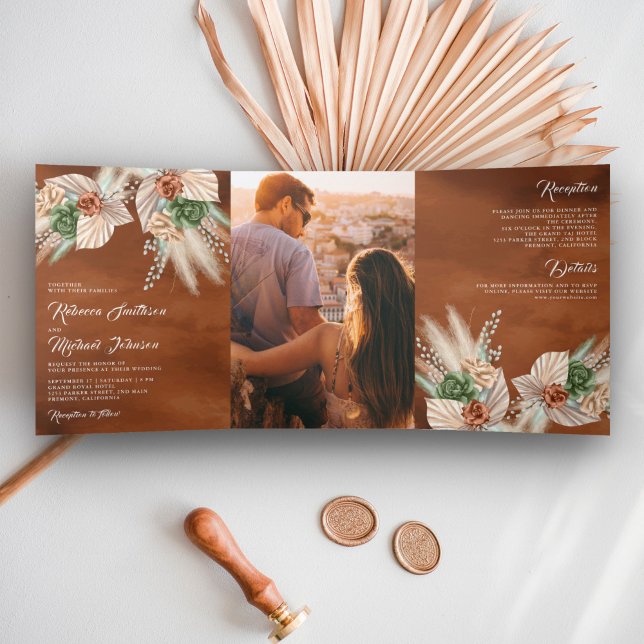 Ivory Palm Earthy Floral Pampas Terracotta Wedding Tri-Fold Invitation (Creator Uploaded)