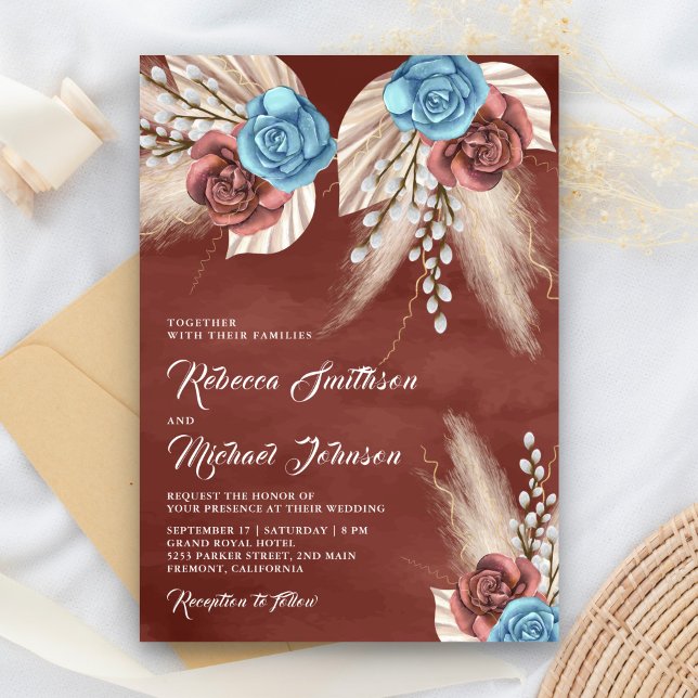 Ivory Palm Pampas Cinnamon Roses Wedding Invitation (Creator Uploaded)