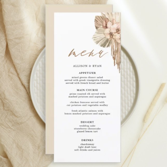 Ivory Pampas Grass Bohemian Wedding Menus (Creator Uploaded)