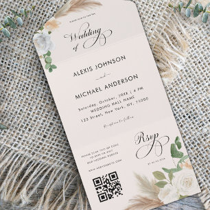 Ivory Pampas Grass Roses & Elegant Script Wedding  All In One Invitation
