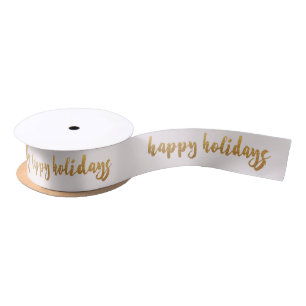 Ivory Pastel Golden Happy Holidays Reinadeer Satin Ribbon