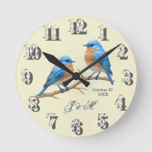 Ivory Pastel Lovebirds Romantic Bluebirds Wedding Round Clock