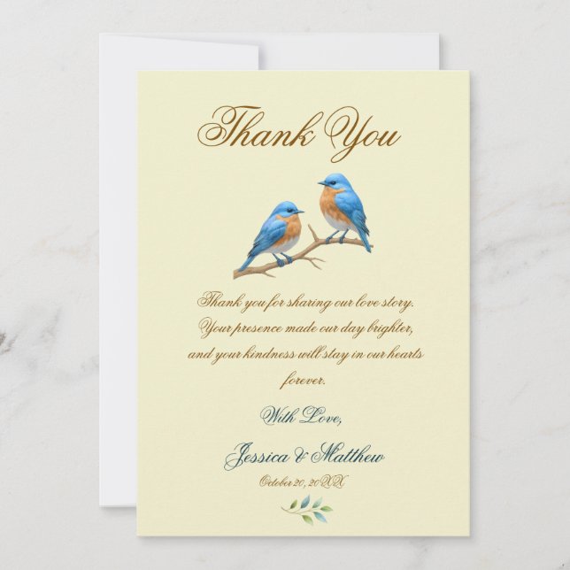 Ivory Pastel Lovebirds Romantic Bluebirds Wedding Thank You Card (Front)