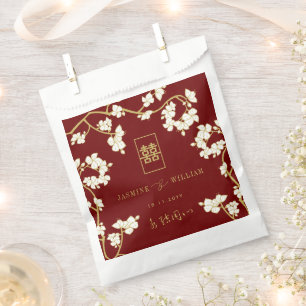 Ivory Peach/Plum Blossoms Double Happiness Wedding Favour Bag