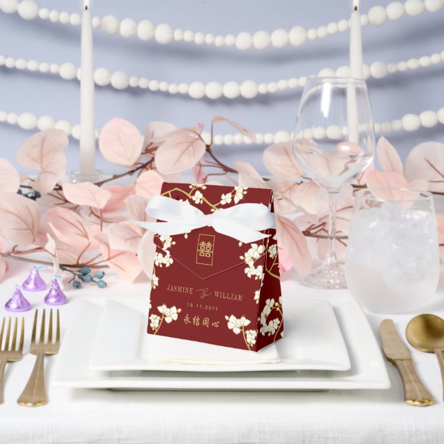 Ivory Peach/Plum Blossoms Double Happiness Wedding Favour Box (Wedding)