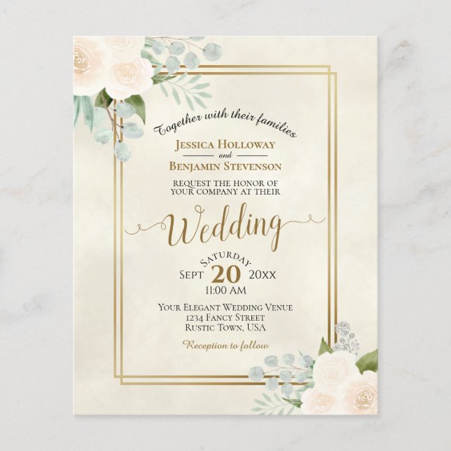 Ivory Peach Roses Chic BUDGET Wedding Invitation (Front)