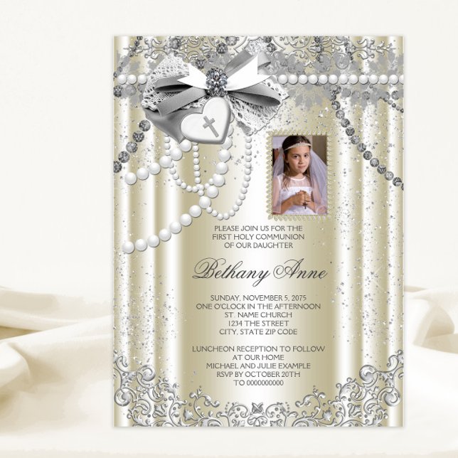 Ivory Pearl Cross Photo First Communion Invitation (Pretty photo first communion, baptism and christening invitation.)