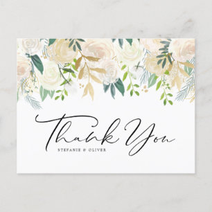 Ivory Peony Flowers and Rose Wedding Thank You Postcard