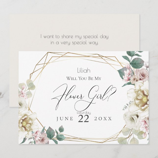 Ivory  Peony Flowers  Will You Be My Flower Girl Invitation (Front/Back)