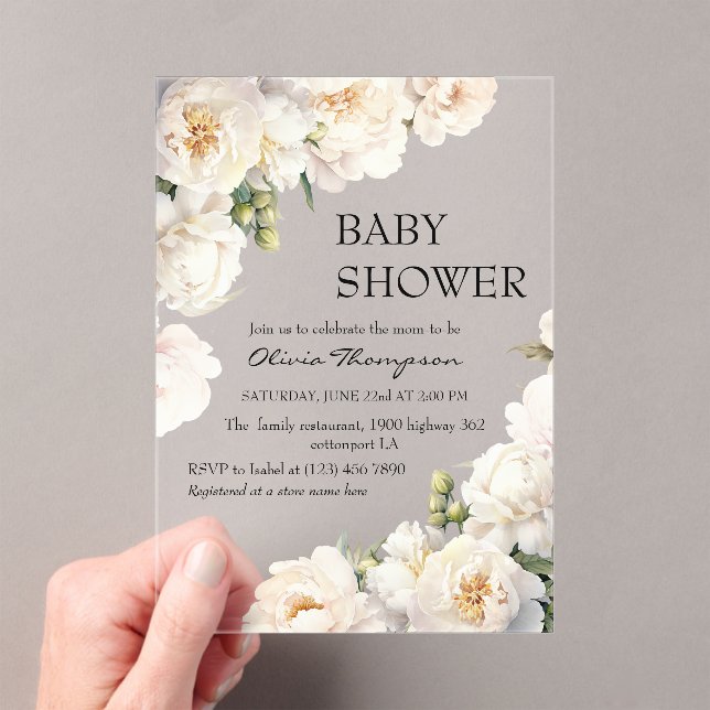 Ivory Peony Neutral Baby Shower Acrylic Invitations (Insitu (Handheld))