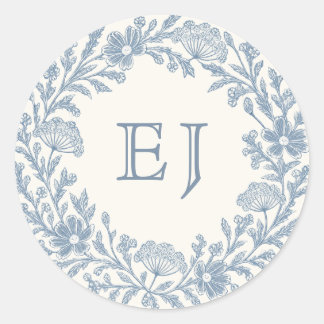 Ivory Periwinkle Wildflower Monogram Envelope Classic Round Sticker
