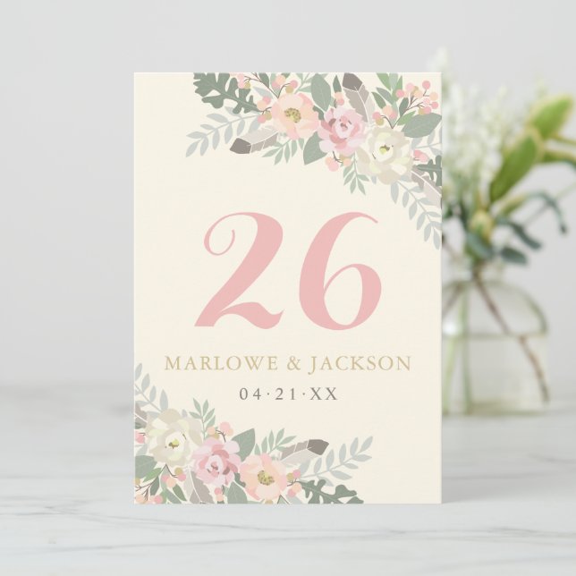 Ivory Pink and Gold Boho Wedding Table Number (Standing Front)