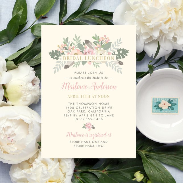 Ivory Pink and Gold Floral Boho Bridal Luncheon Invitation (Creator Uploaded)