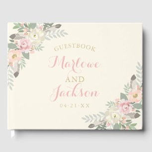 Ivory Pink and Gold Floral Boho Wedding Monogram Guest Book