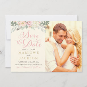 Ivory Pink and Gold Floral Boho Wedding Photo Save The Date