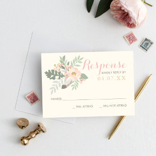 Ivory Pink and Gold Floral Boho Wedding RSVP Card