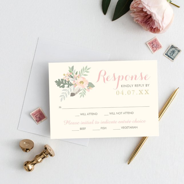 Ivory Pink and Gold Floral Boho Wedding RSVP Card (Creator Uploaded)