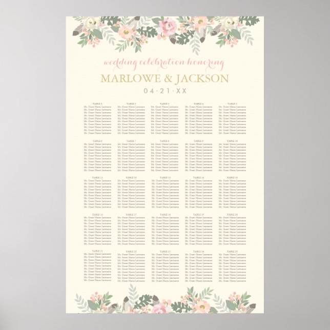 Ivory Pink and Gold Floral Boho Wedding Seating Poster (Front)