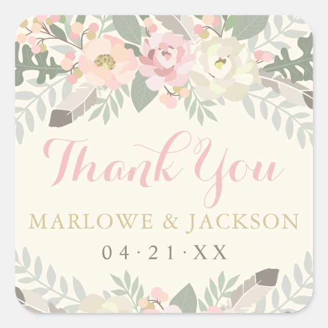 Ivory Pink and Gold Floral Boho Wedding Thank You Square Sticker (Front)
