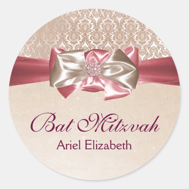 Ivory Pink Damask Bat Mitzvah Label (Front)
