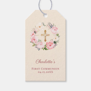 Ivory pink floral wreath cross First Communion DIY Gift Tags