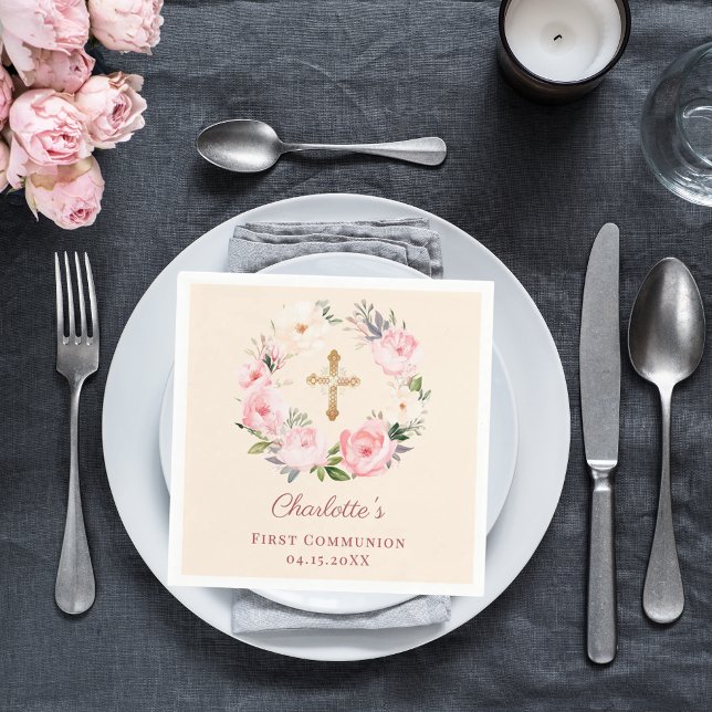 Ivory pink floral wreath First Communion luncheon Napkin (Creator Uploaded)