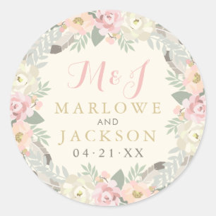 Ivory Pink Gold Floral Boho Wedding Monogram Classic Round Sticker