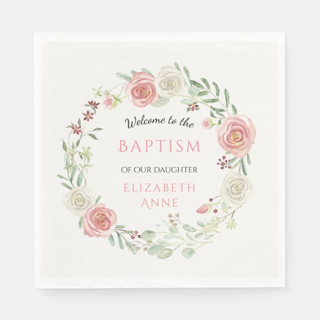 Ivory Pink Infant Baptism Party Girl Baby Floral Napkin (Front)