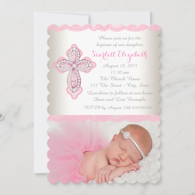Ivory Pink Lace Diamond Cross Photo Baptism Invitation (Front)