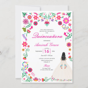Ivory Pink Otomi Embroidery Quinceañera Invitation