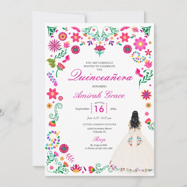 Ivory Pink Otomi Embroidery Quinceañera Invitation (Front)