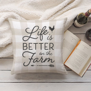 Ivory Plaid Life Is Better On The Farm Cushion