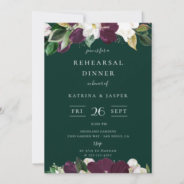 Ivory Plum Floral Emerald Green Rehearsal Dinner Invitation (Front)