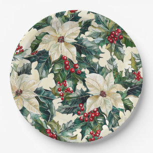 Ivory Poinsettia Crimson Berry Winter Foliage Paper Plate