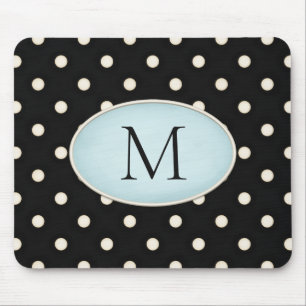 Ivory Polka Dots Black & Pale Blue Monogrammed Mouse Pad