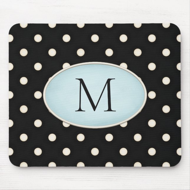 Ivory Polka Dots Black & Pale Blue Monogrammed Mouse Pad (Front)