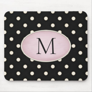 Ivory Polka Dots Black & Pale Pink Monogrammed Mouse Pad