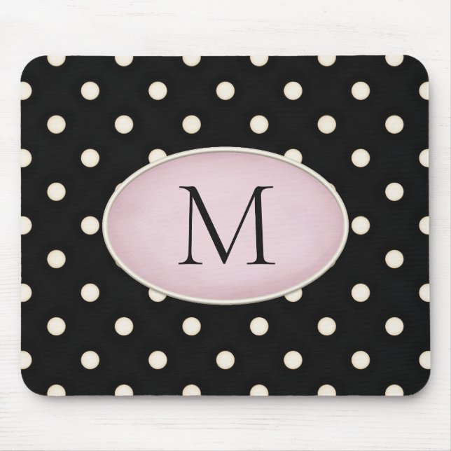 Ivory Polka Dots Black & Pale Pink Monogrammed Mouse Pad (Front)
