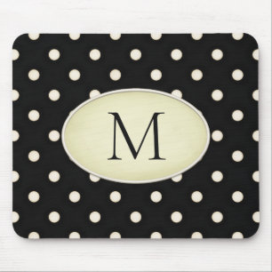 Ivory Polka Dots Black & Pale Yellow Monogrammed Mouse Pad