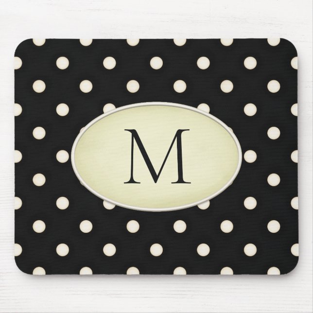 Ivory Polka Dots Black & Pale Yellow Monogrammed Mouse Pad (Front)