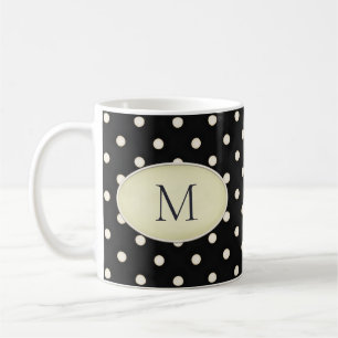 Ivory Polka Dots on Black Pale Yellow Monogram Coffee Mug