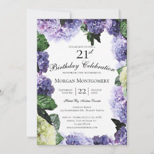Ivory & Purple Hydrangeas White 21st Birthday Invitation