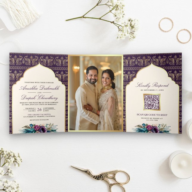 Ivory Purple Peacock Pattern Floral Indian Wedding Tri-Fold Invitation (Creator Uploaded)