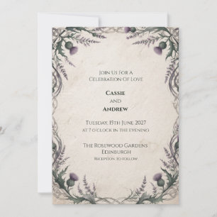 Ivory Purple Thistle Celtic Knot Wedding Invitation