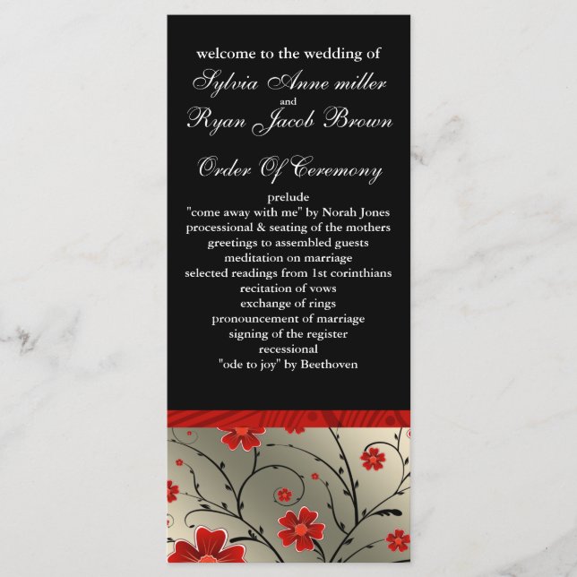 ivory red and black floral Wedding program (Front)