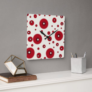 Ivory Red Dots Funky Whimsical Circle Pattern Square Wall Clock