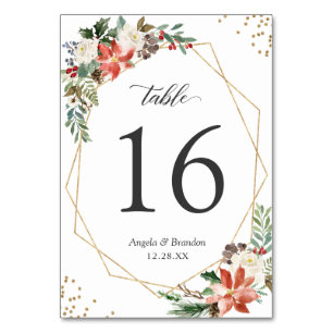 Ivory Red Poinsettia Floral Wedding Table Number